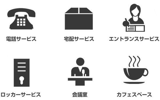 電話サービス、宅配サービス、エントランスサービス、ロッカーサービス、会議室、カフェスペース