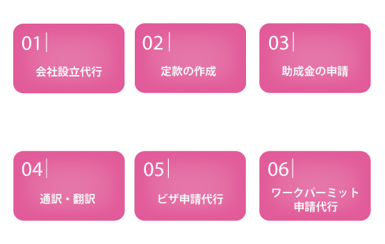 会社設立代行、定款の作成、助成金の申請、通訳・翻訳、ビザ申請代行、ワークパーミット申請代行